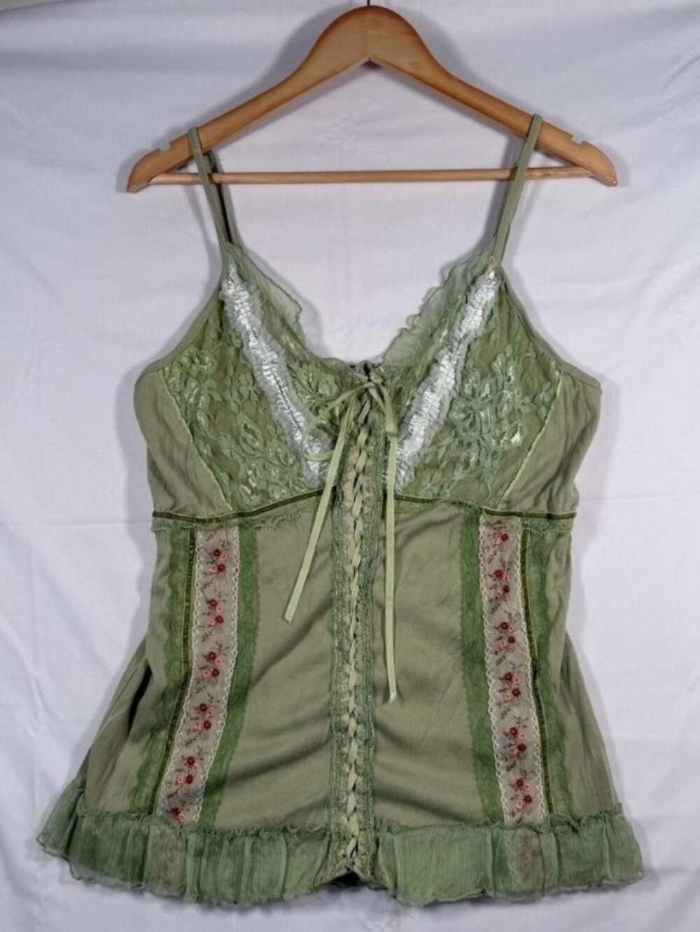 Vtg Pretty Angel Sage Green Fairycore Lace Up Tank Top